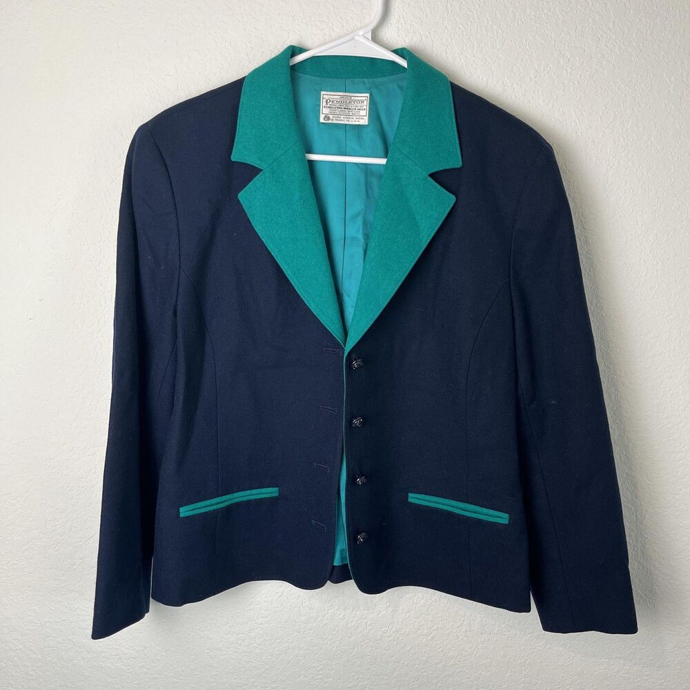 VINTAGE Pendleton Blazer Womens Medium Navy Teal Wool Made in USA Two Tone 80s